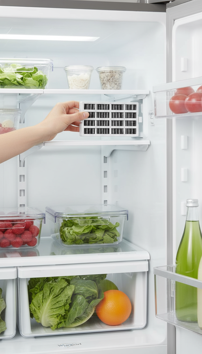 A collage showing the Whirlpool W10311524 filter being unboxed, installed in a refrigerator, and a before-and-after shot with pungent foods.