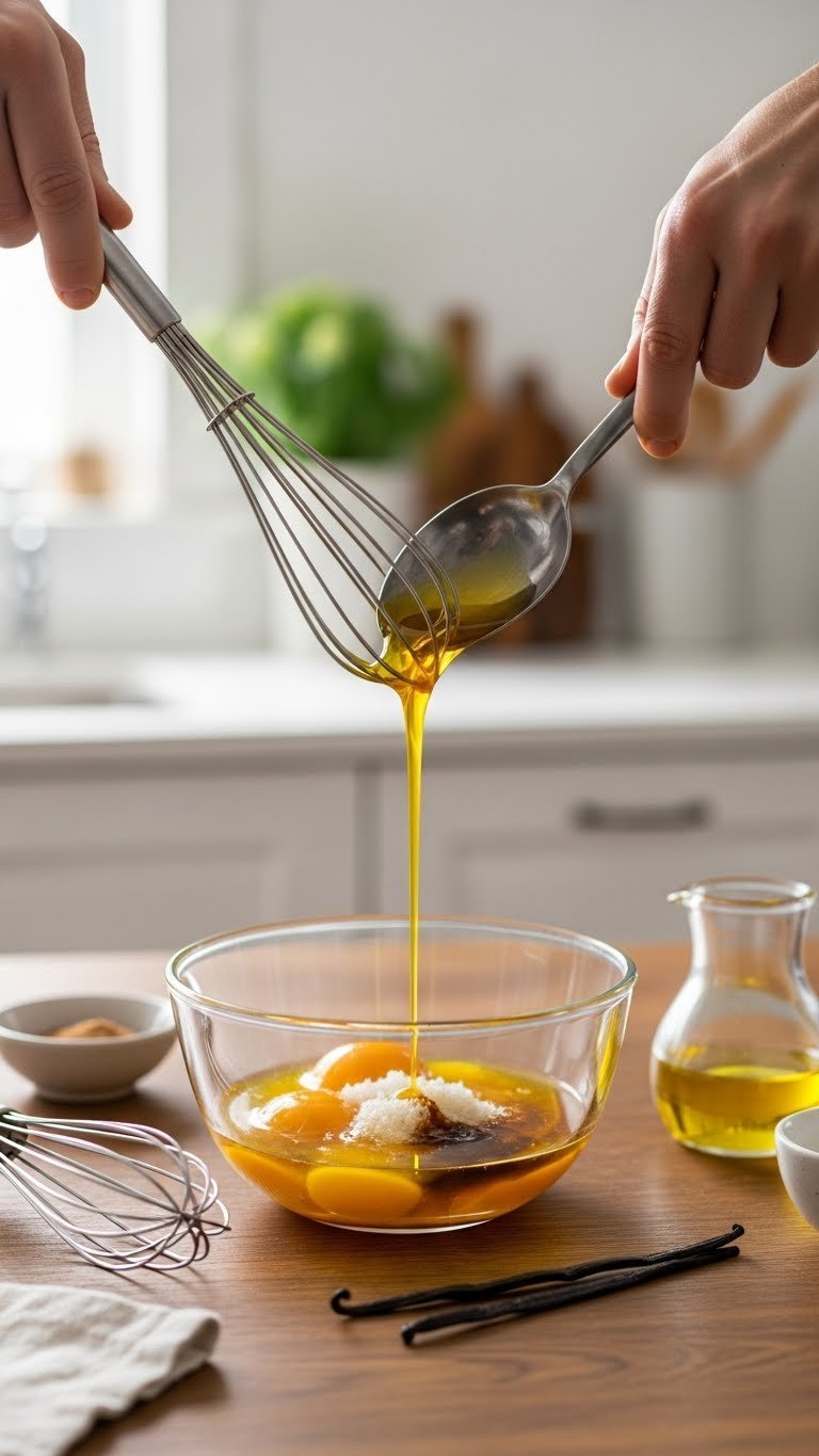 Whisked eggs with coconut oil and vanilla extract in glass bowl for low carb zucchini bread wet ingredients