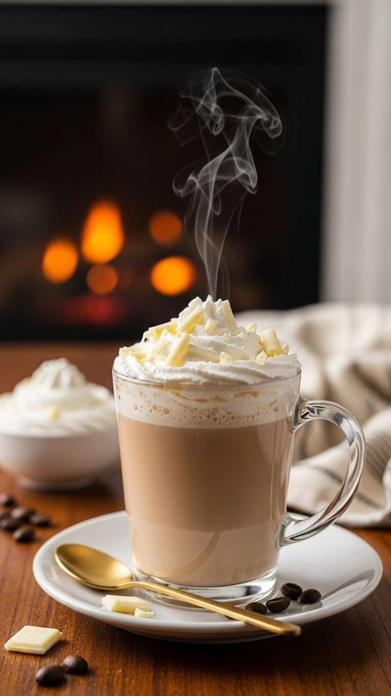 White Chocolate Mocha with whipped cream and chocolate shavings in ceramic mug on polished wooden table