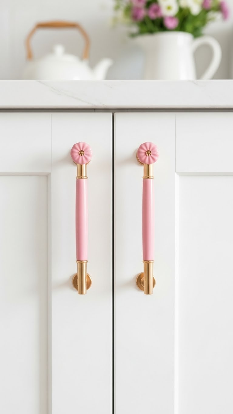 White kitchen cabinet doors with rose gold bar pull handles and pink ceramic knobs hardware