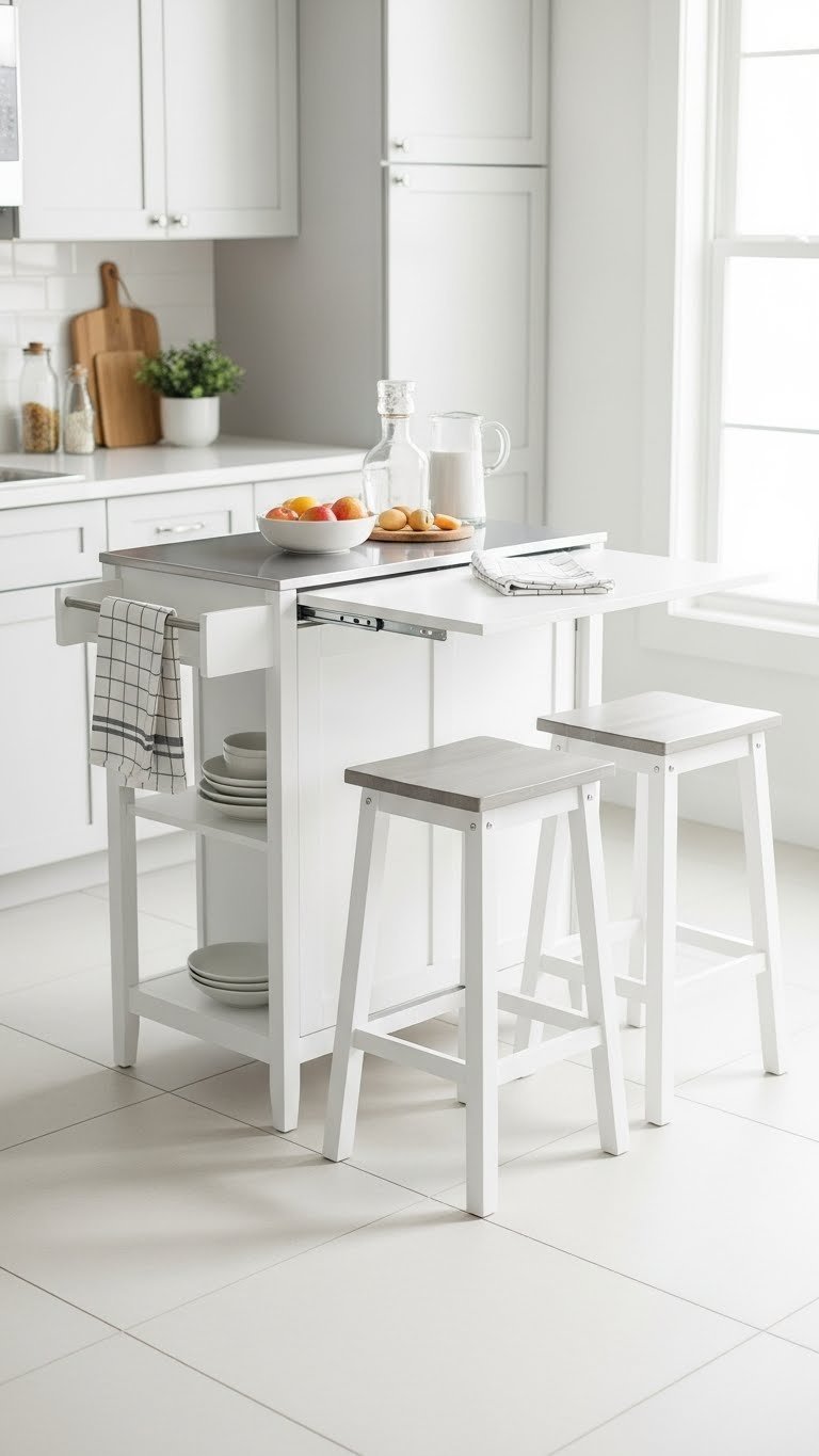 White kitchen cart with pull-out extension and stainless steel top featuring compact stools and fruit bowl