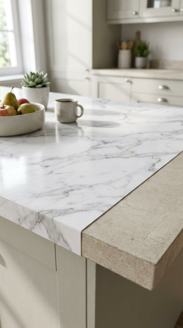 White marble-effect contact paper applied to kitchen countertop with fruit bowl and succulent plant