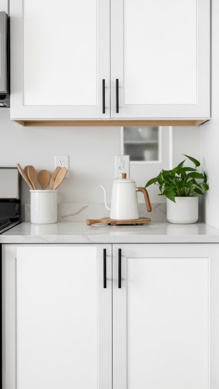 White peel-and-stick vinyl cabinet doors with black handles showcasing budget-friendly kitchen upgrade transformation
