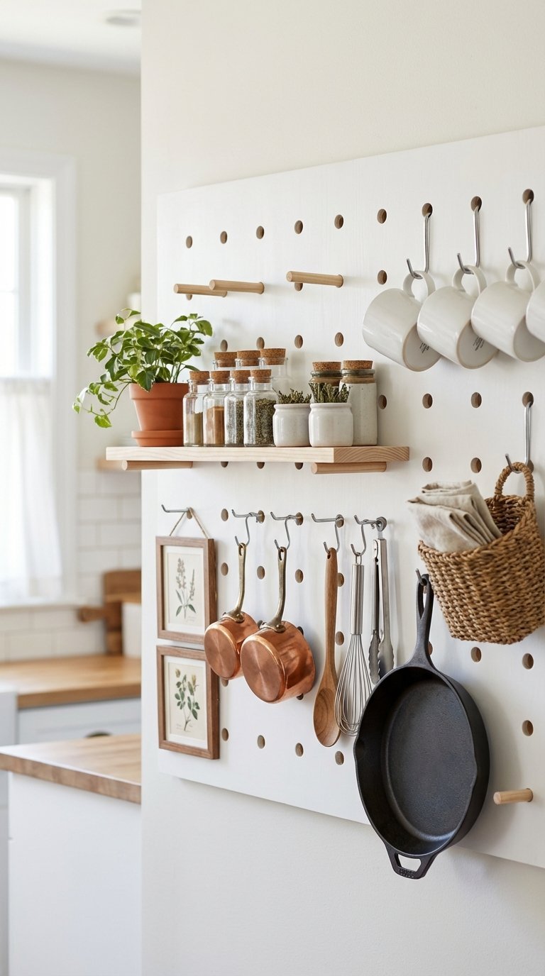 White pegboard wall storage with hanging pots, pans, and utensils for flexible kitchen organization.