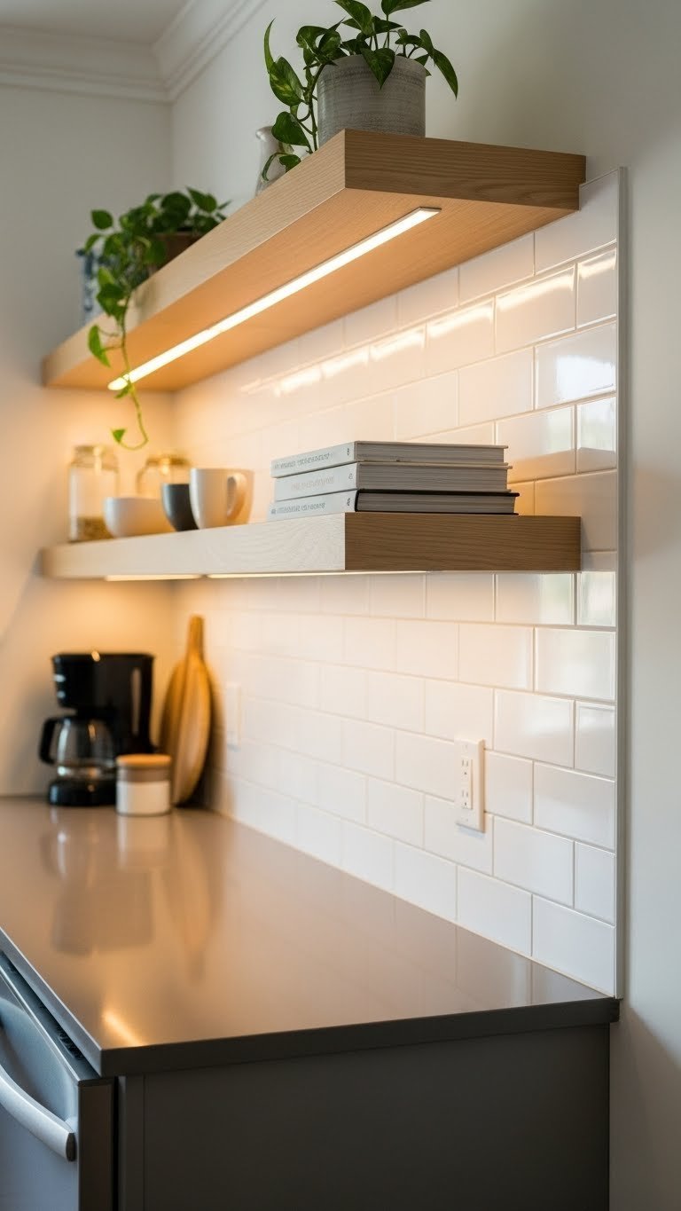 White subway tile peel and stick backsplash with floating shelves, coffee maker, and warm golden hour lighting