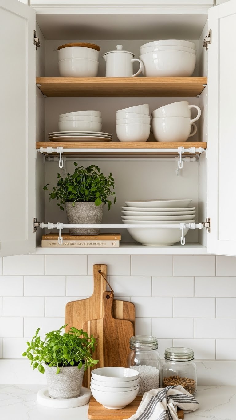 White tension rods creating open shelving between kitchen cabinets with ceramic dishes and potted herbs