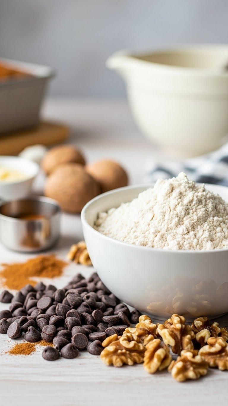 Whole wheat flour, dark chocolate chips, and chopped walnuts ready for dairy-free zucchini bread recipe