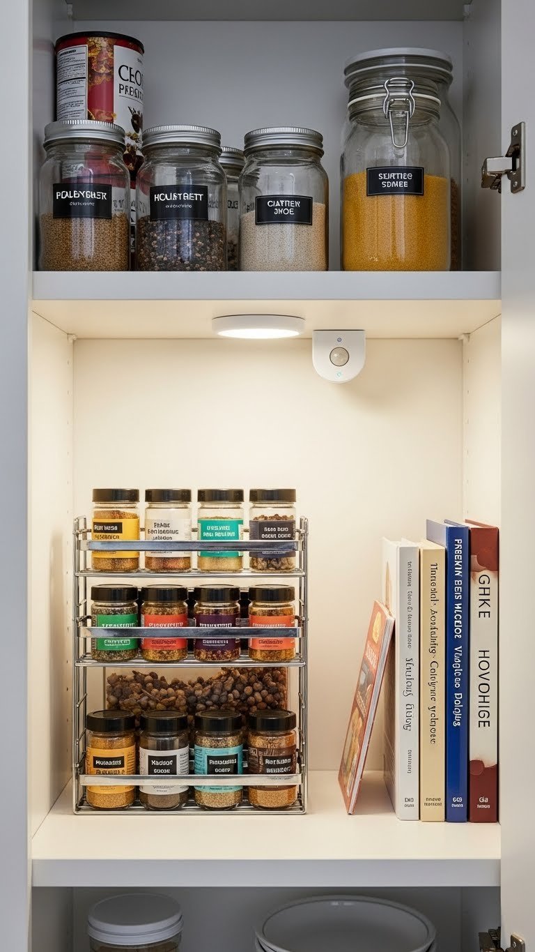 Ultimate Apartment Kitchen Led Lights: 7 Diy Renter Upgrades 2 Wireless motion-sensor puck lights under pantry shelf casting focused glow on organized spice jars and dry goods