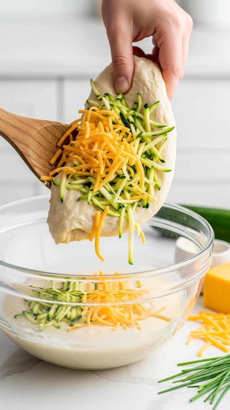 Wooden spoon folding shredded cheddar cheese and zucchini into creamy bread batter in glass bowl