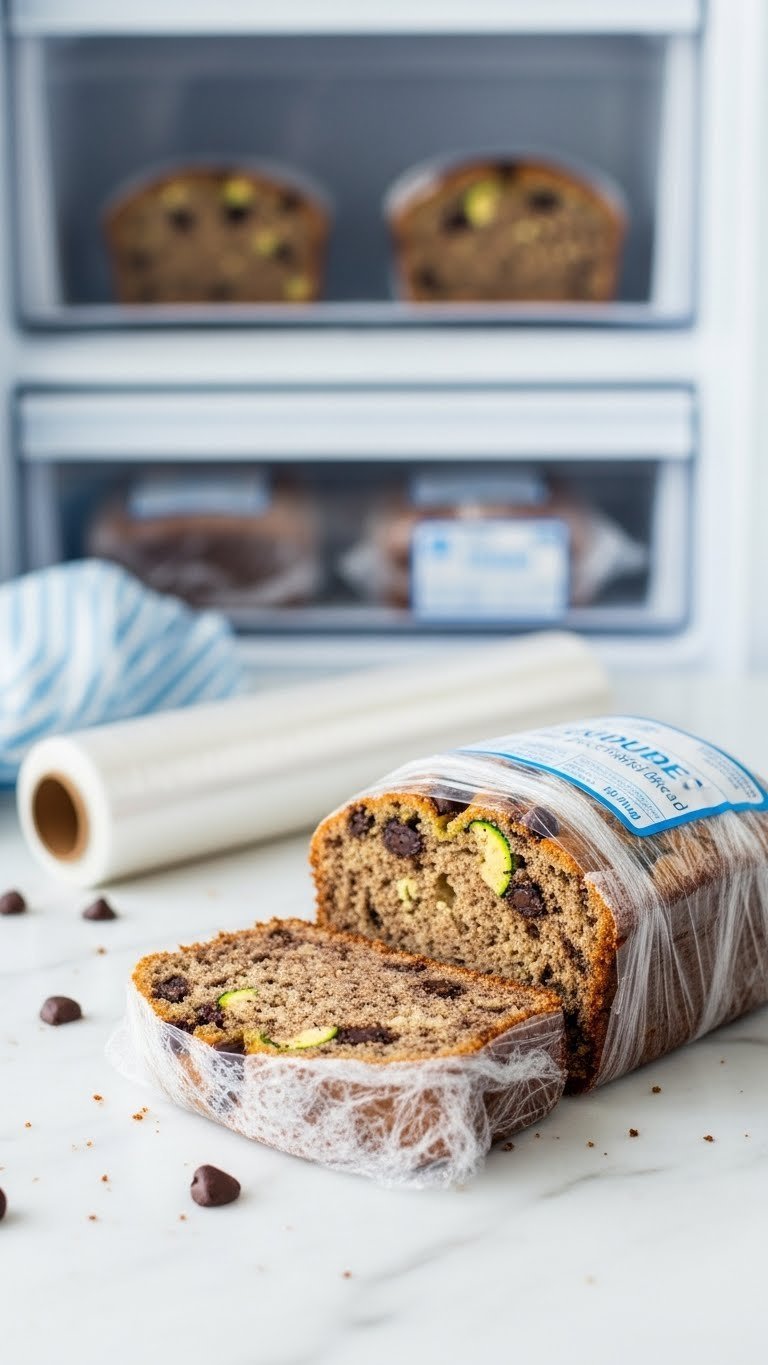 Wrapped chocolate chip zucchini bread slices in plastic wrap ready for freezer storage