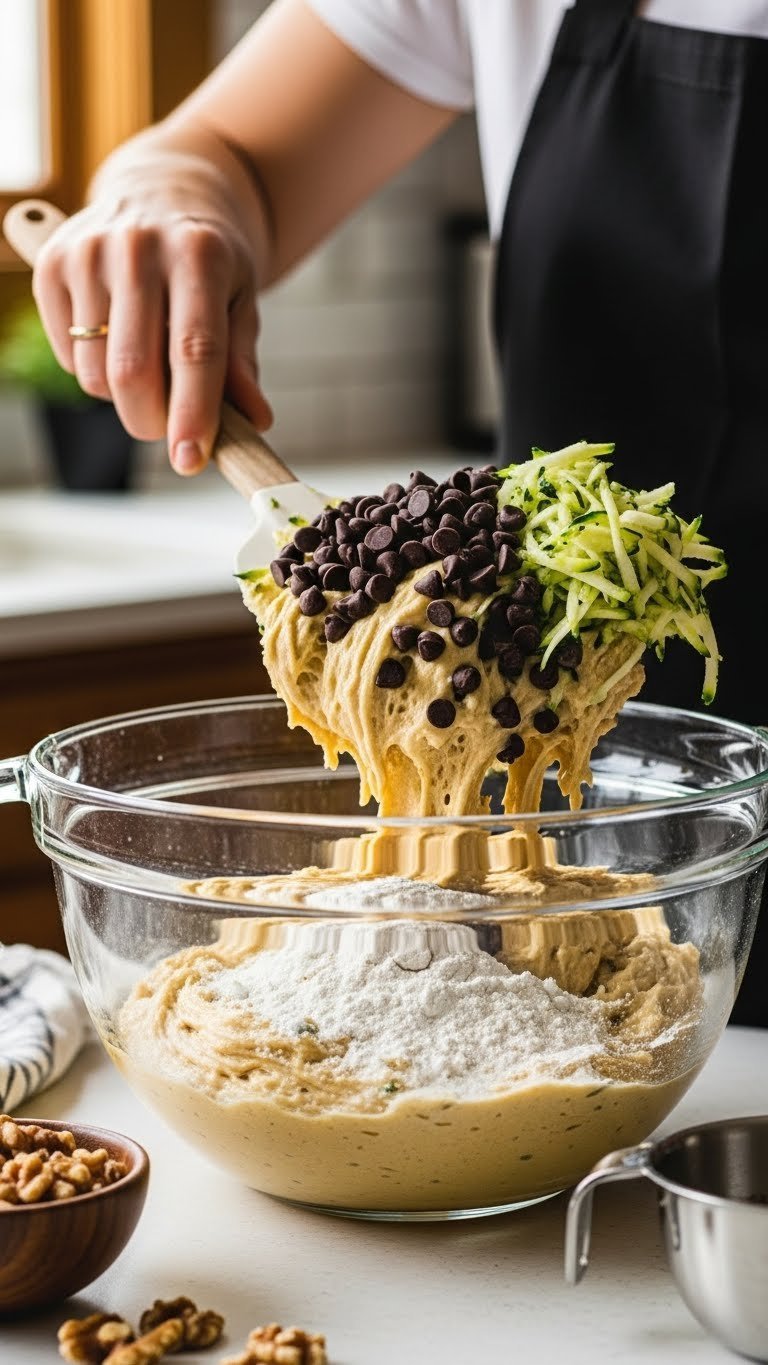 Pioneer Woman Zucchini Bread: Easy, Extra Moist Recipe 7 Zucchini bread batter mixing with grated green zucchini and chocolate chips being folded in with spatula
