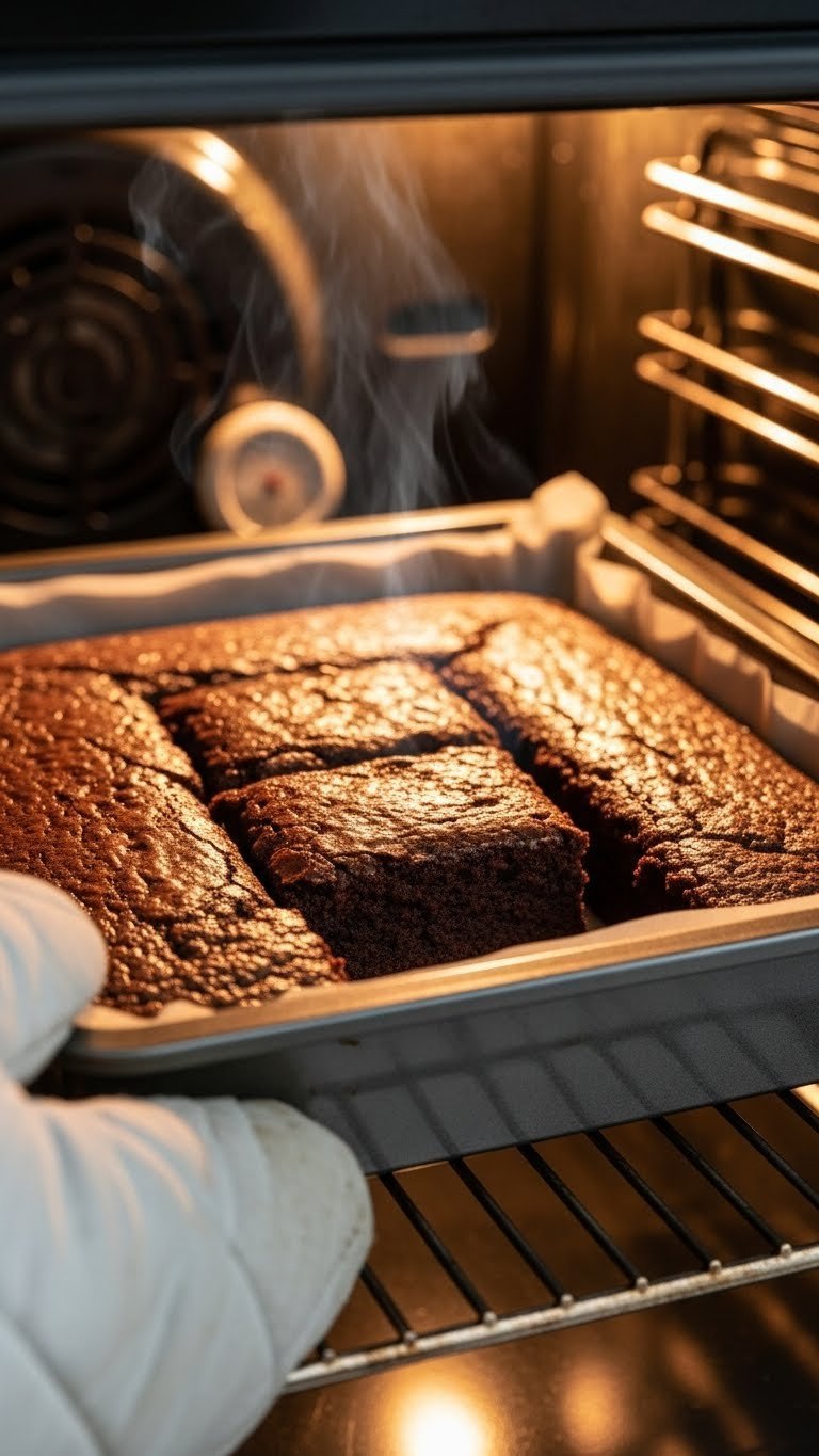 Zucchini brownies baking in oven with crackly top and rich dark chocolate color transforming