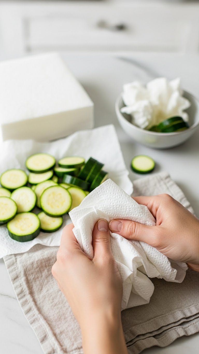 Zucchini slices being patted dry with paper towels on a light linen kitchen towel for moisture removal