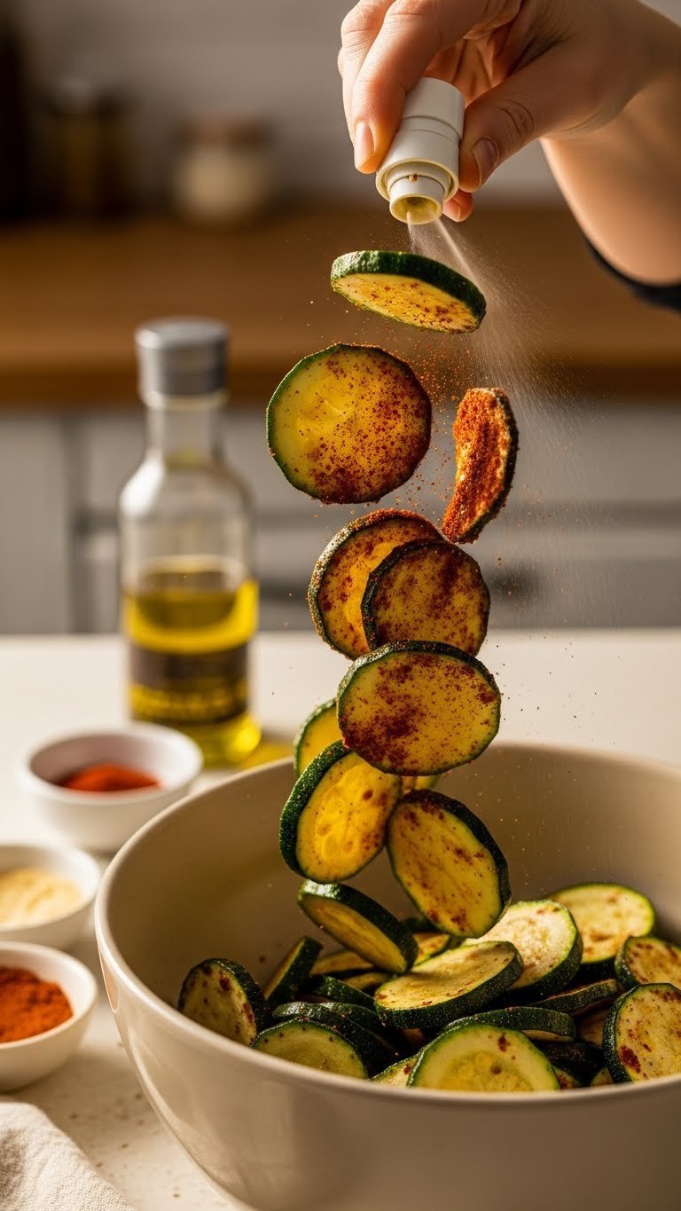 Zucchini slices tossed in garlic powder and smoked paprika with olive oil spray in a ceramic mixing bowl