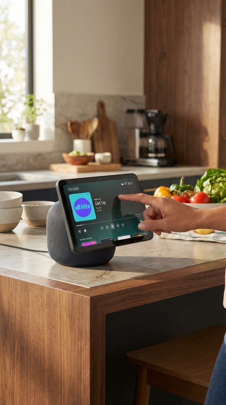 A photo showing the Amazon Echo Show 11 on a kitchen counter, displaying a recipe, with other smart devices visible in the background.