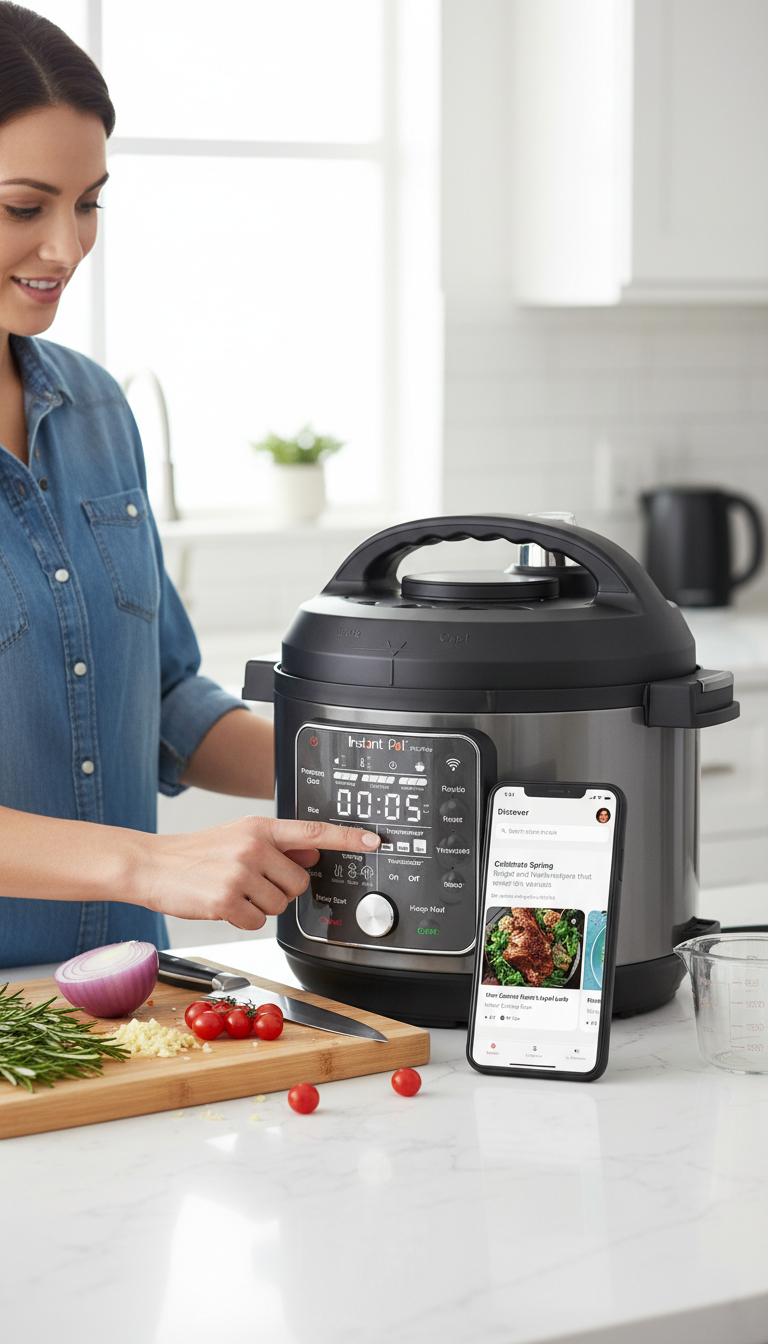 The Instant Pot Pro Plus on a kitchen counter with ingredients and a phone showing the app.