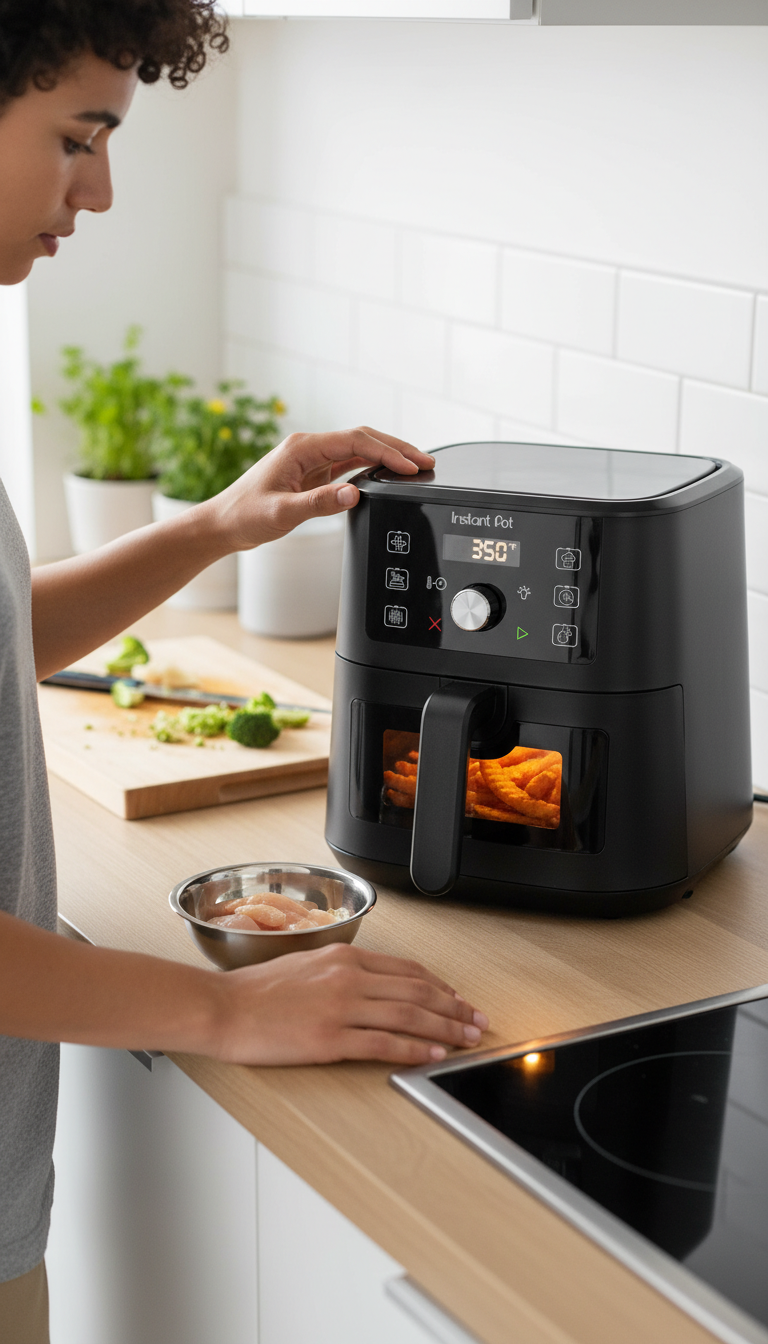 A photo showing the Instant Pot Vortex on a kitchen counter next to a plate of crispy-looking french fries and a small notepad for logging results.