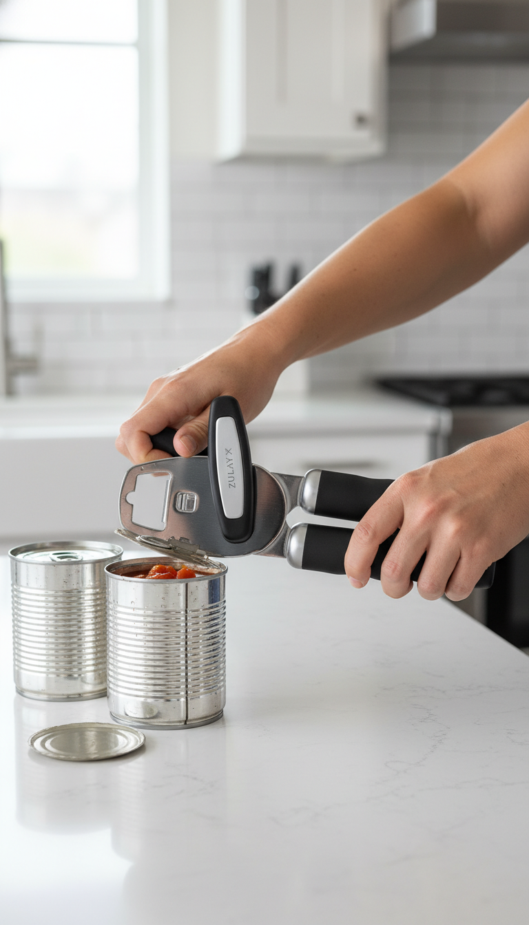 Zulay Kitchen Can Opener Tested: Heavy Duty Performance? 2 A photo showing the Zulay Kitchen can opener in action on a can, with a variety of other can sizes visible in the background.