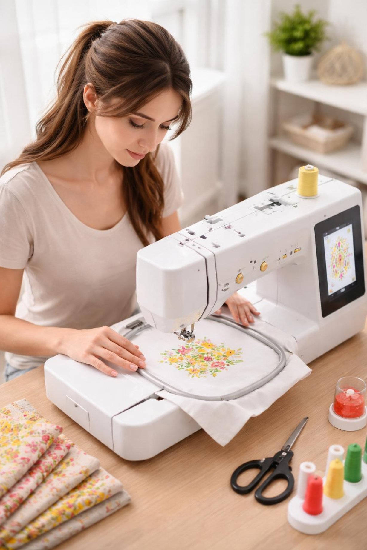 A person using the Brother SE700 embroidery machine on a wooden table with various fabrics.