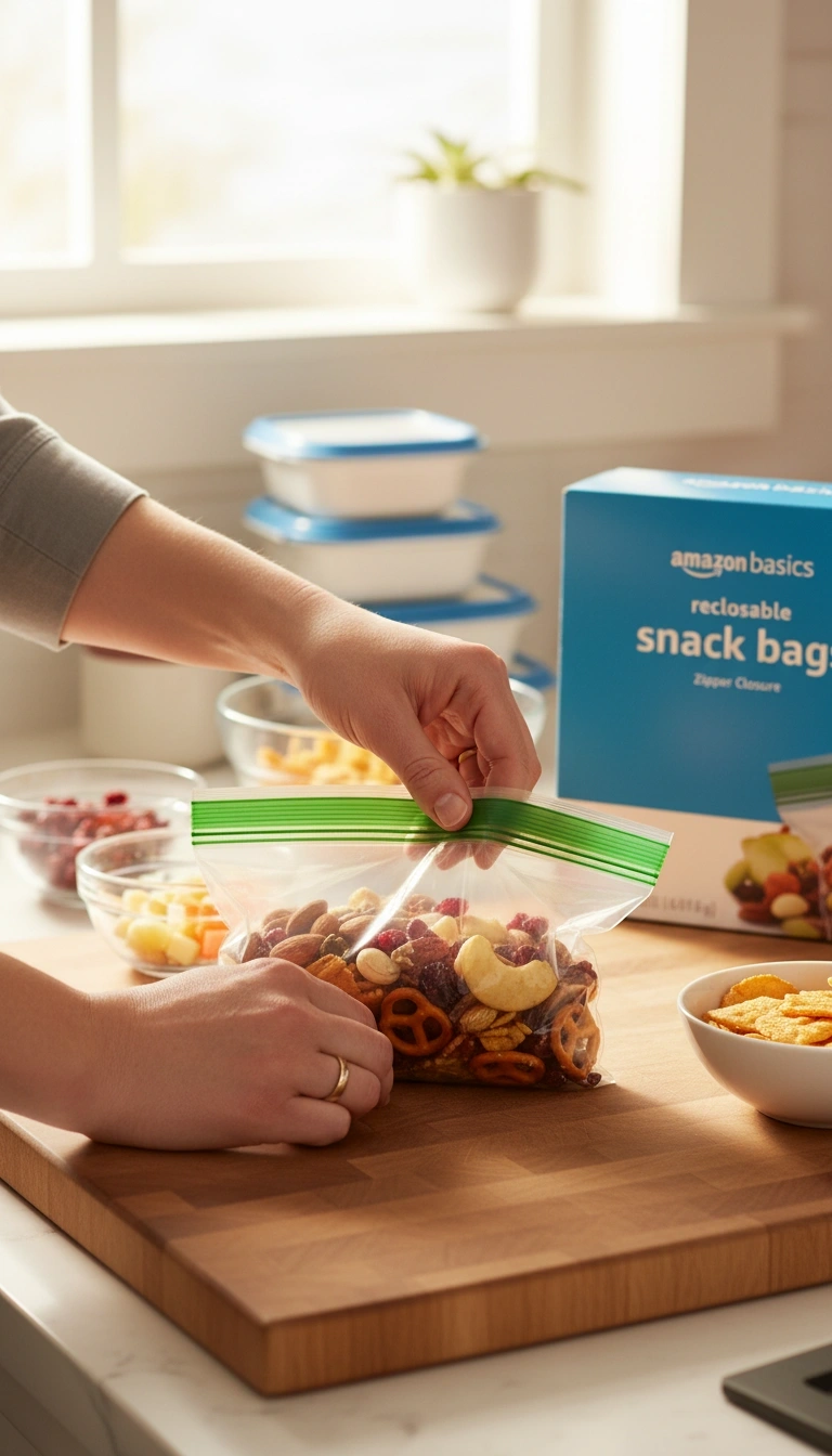 Amazon Basics Snack Bags packed with fresh berries, crackers, and carrots on a kitchen counter