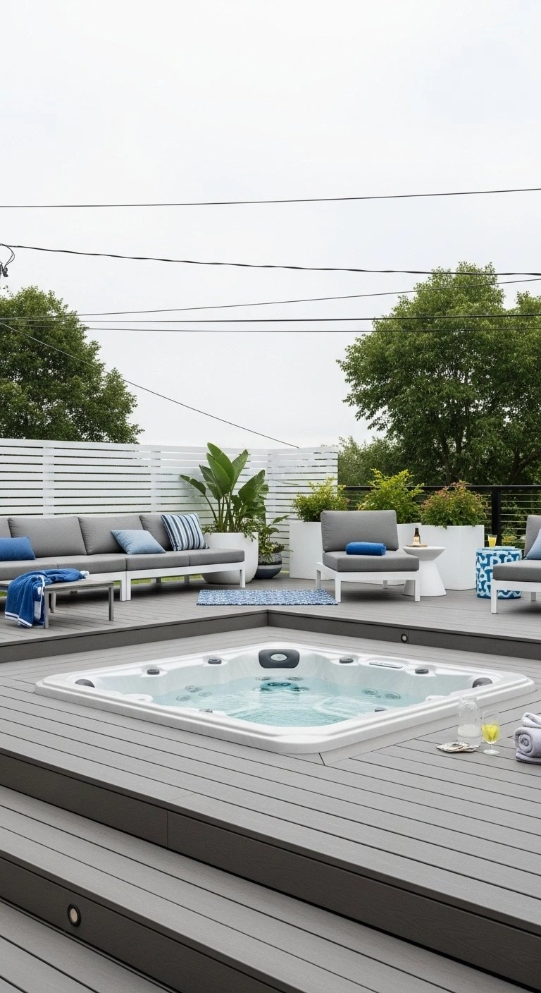 Luxury multi-level deck featuring an integrated sunken hot tub with sleek gray composite boards and lounge seating.