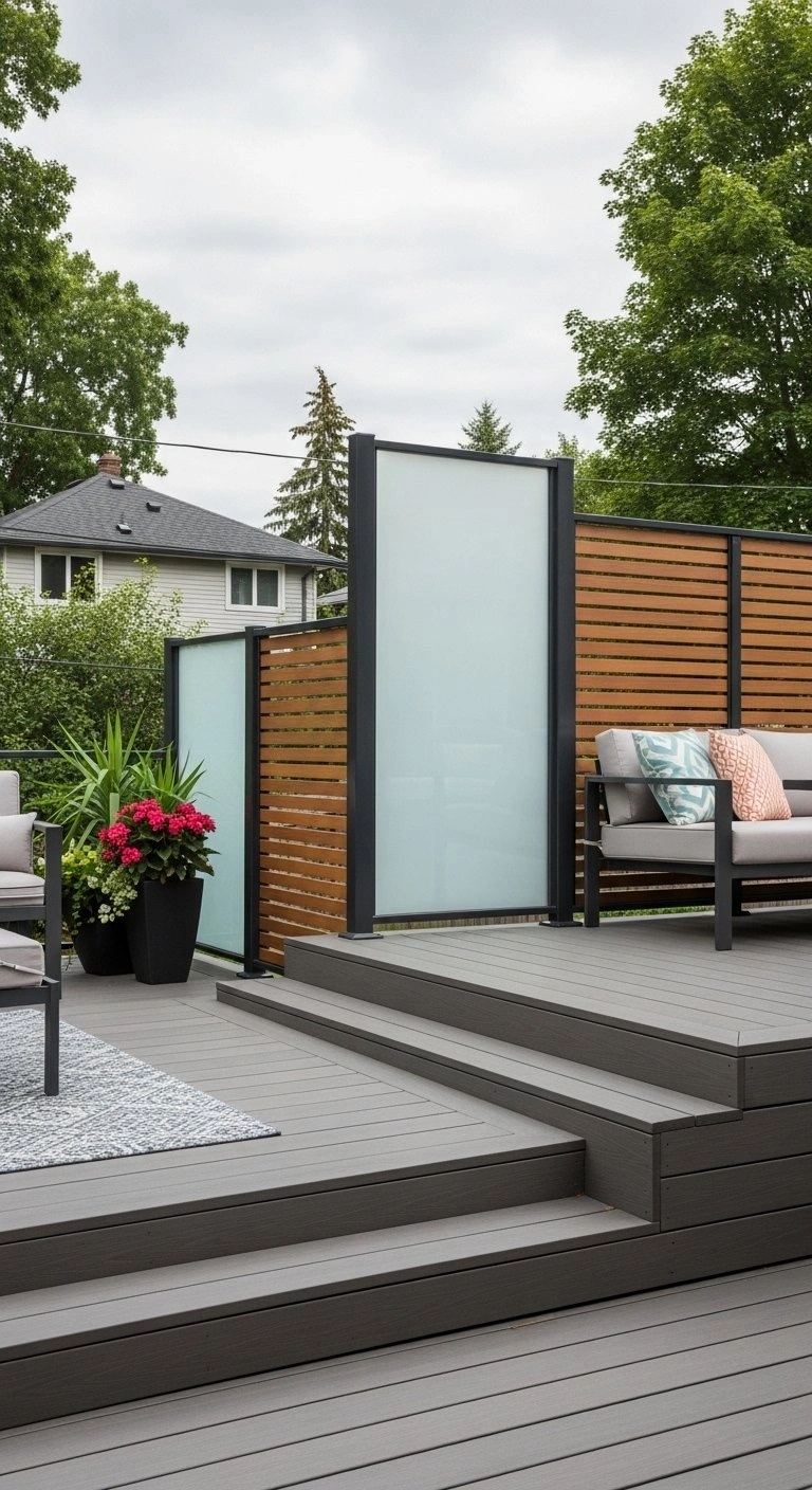 Modern multi-level composite deck featuring architectural slatted wood privacy screens and outdoor furniture.