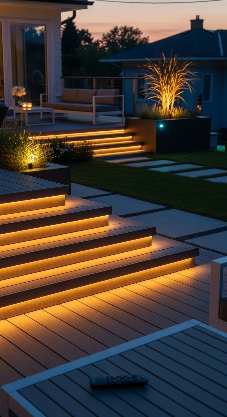 Modern multi-level deck at dusk featuring integrated smart LED stair lighting and a sleek composite surface.