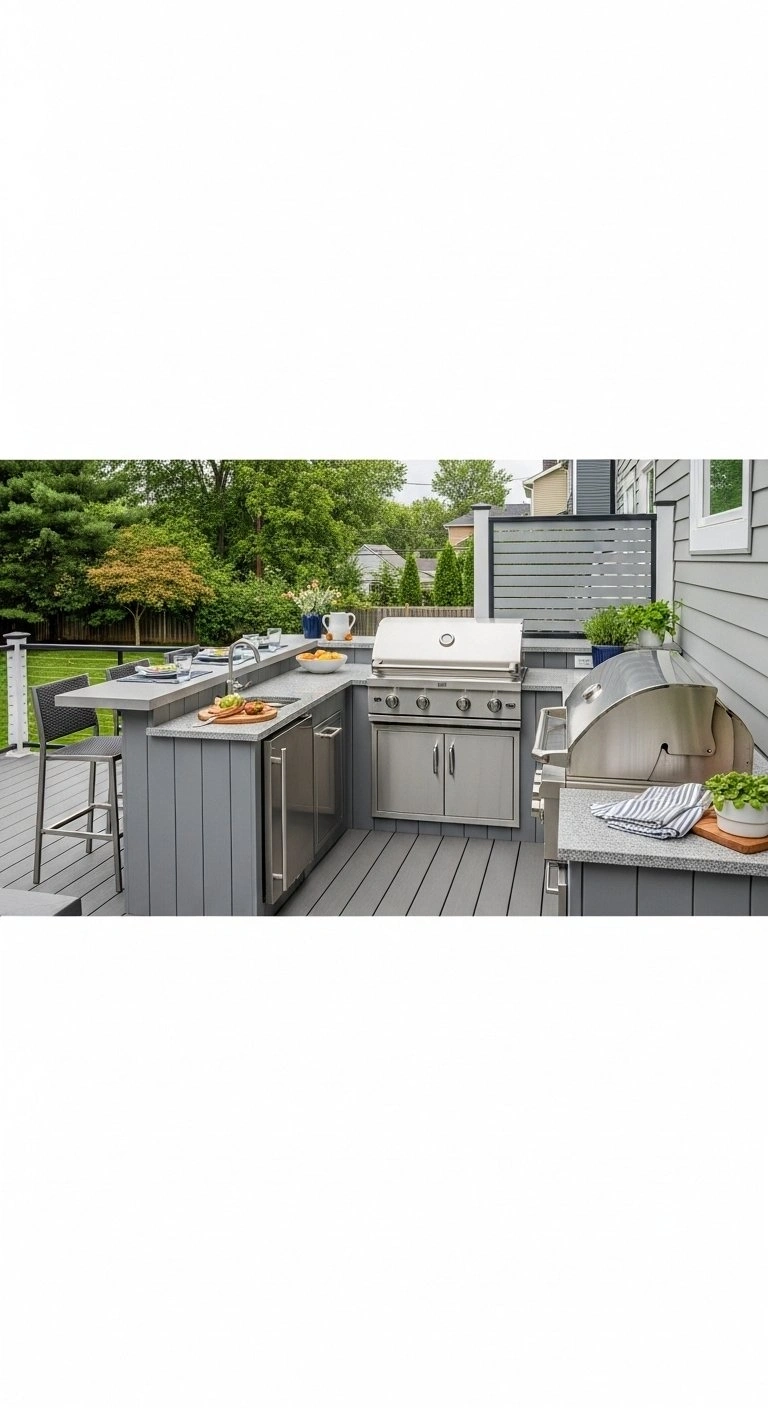 Modern multi-level deck featuring an integrated outdoor kitchen with stainless steel appliances and a bar counter.