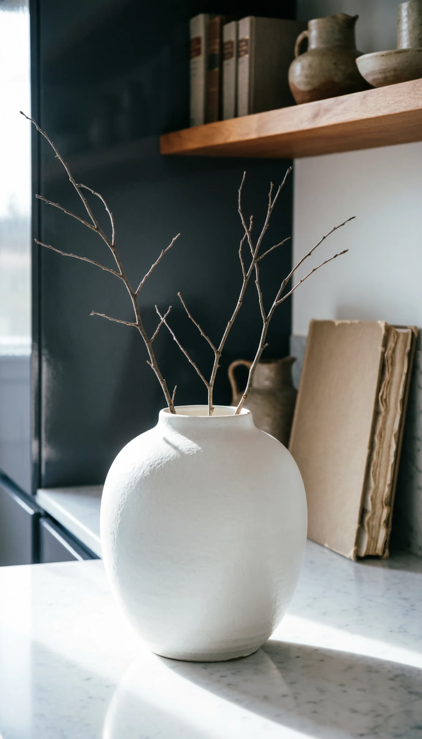 Farmhouse Kitchen Island Centerpiece: Fresh Island Styling For Homes 9 Oversized matte white ceramic vase with wispy branches on a white marble countertop in a minimalist farmhouse kitchen.