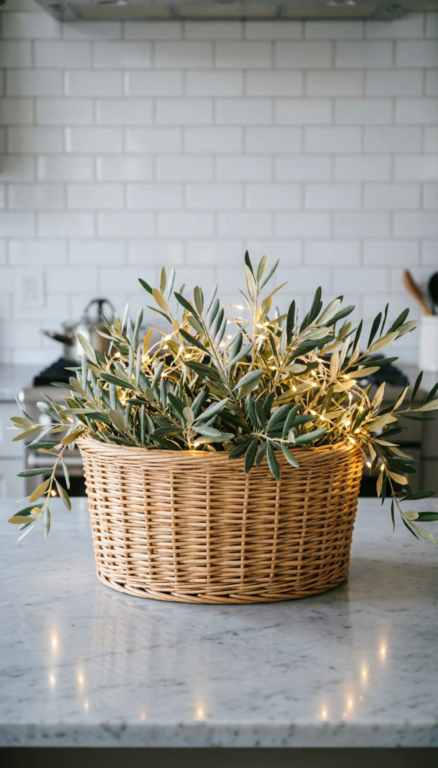 Basket of pre-lit olive branches with fairy lights glowing on a kitchen island, marble countertop, and white tile backsplash.