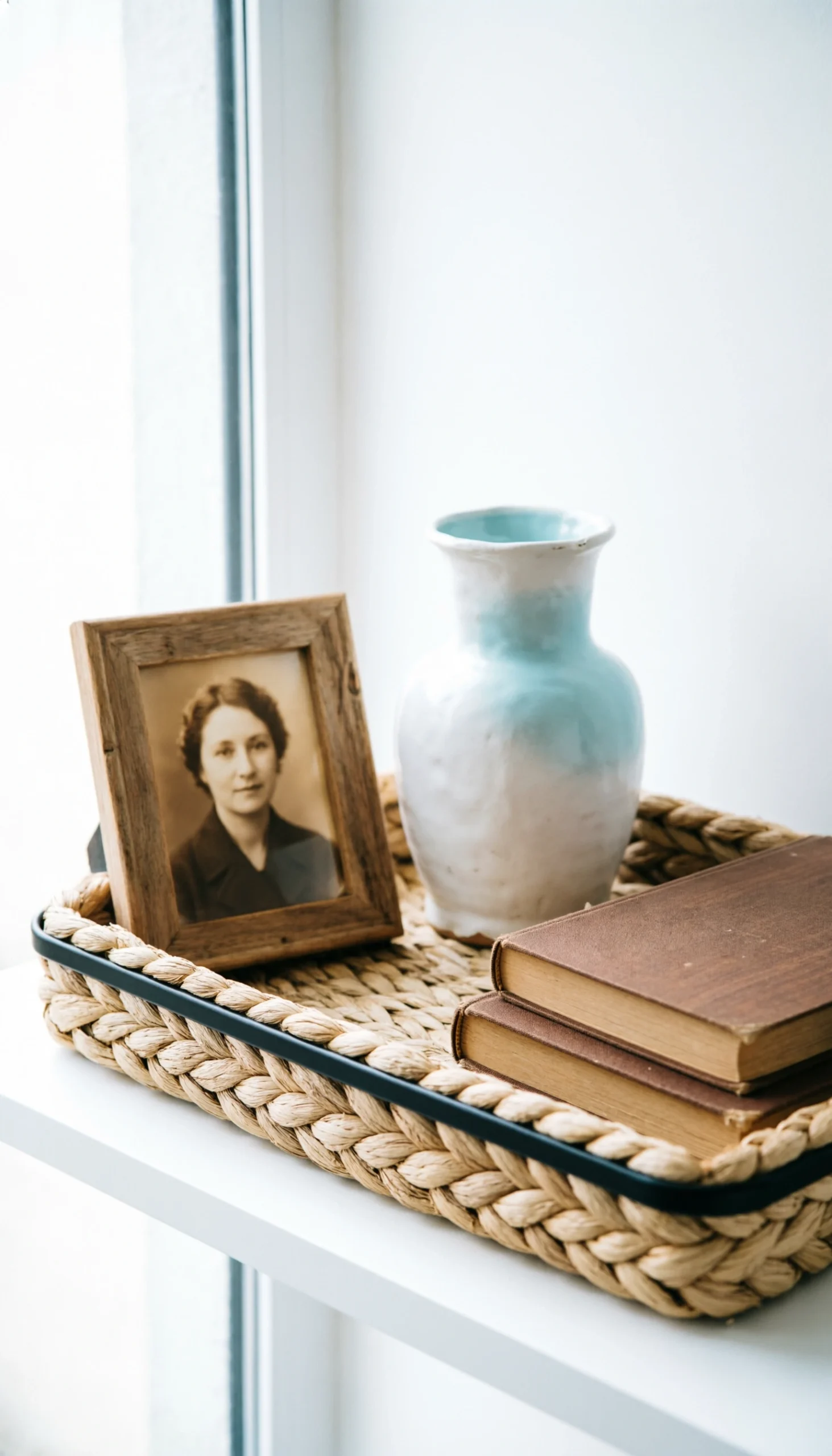 Braided hyacinth tray on floating shelf with photo, vase, and books for curated minimalist display.