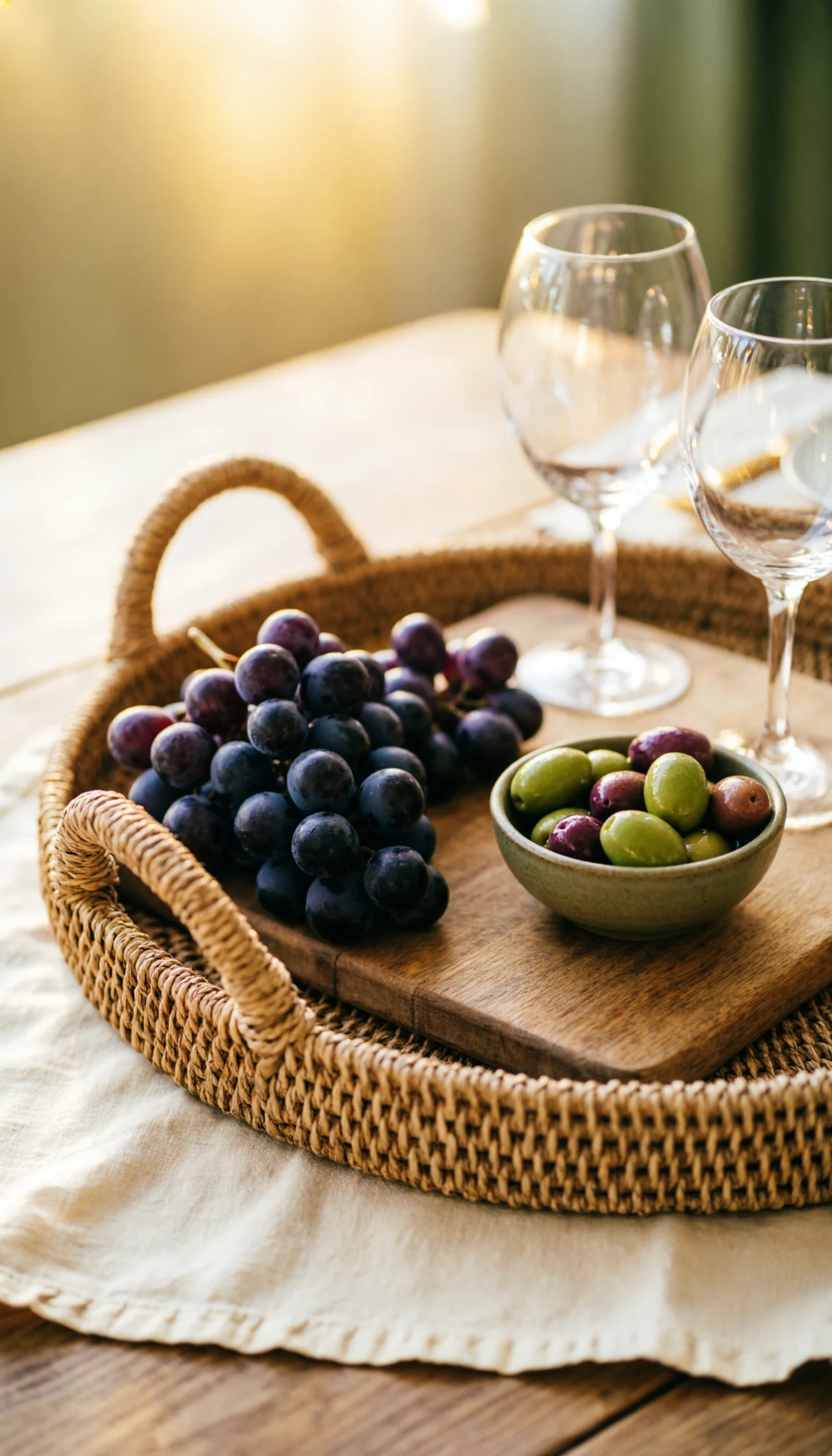 Braided hyacinth tray with handles on dining table with cheese board, olives, grapes, and wine glasses for entertaining.