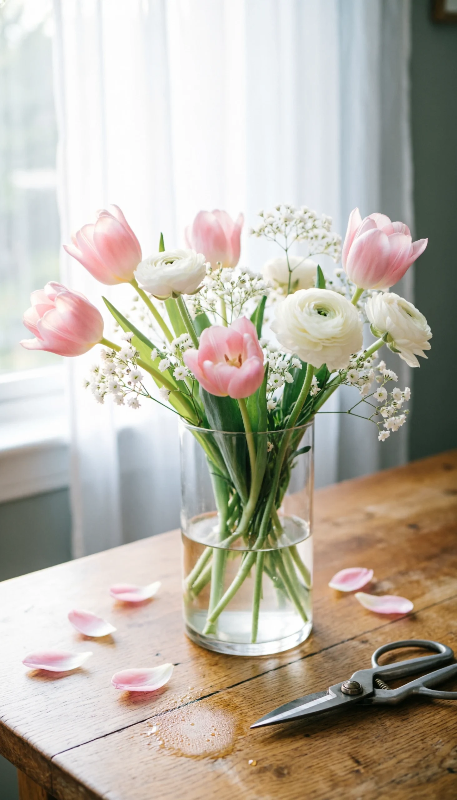 5 Simple Kitchen Table Decor Ideas For A Cozy Home 9 Clear glass vase with a loose arrangement of pale pink tulips, white ranunculus, and baby’s breath on a rustic kitchen table.