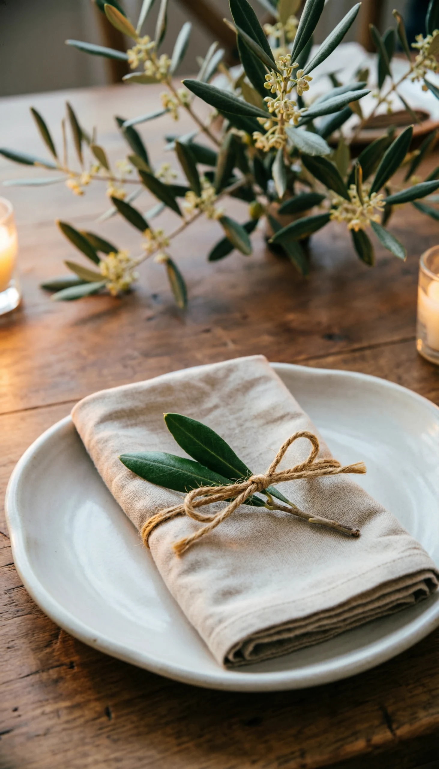 Close-up of a dinner plate with a linen napkin tied with an olive branch sprig on a rustic wooden table, warm candlelight.