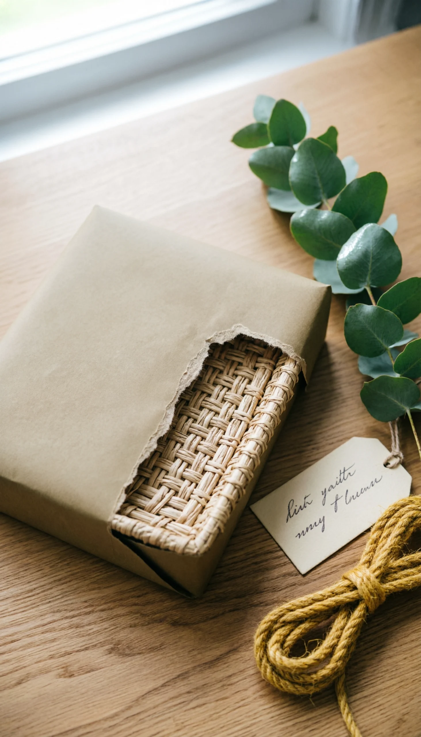 Gift-wrapped braided hyacinth tray with torn kraft paper revealing weave, eucalyptus sprig, and gift tag on wooden table.