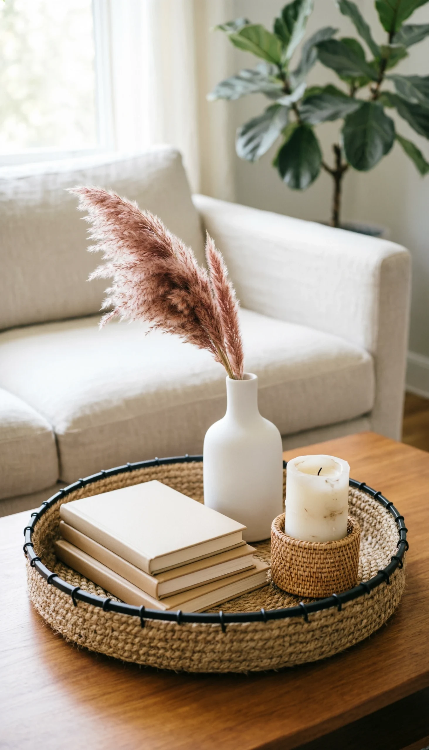 Handwoven water hyacinth tray as coffee table centerpiece with books, pampas grass, and candle in airy living room.