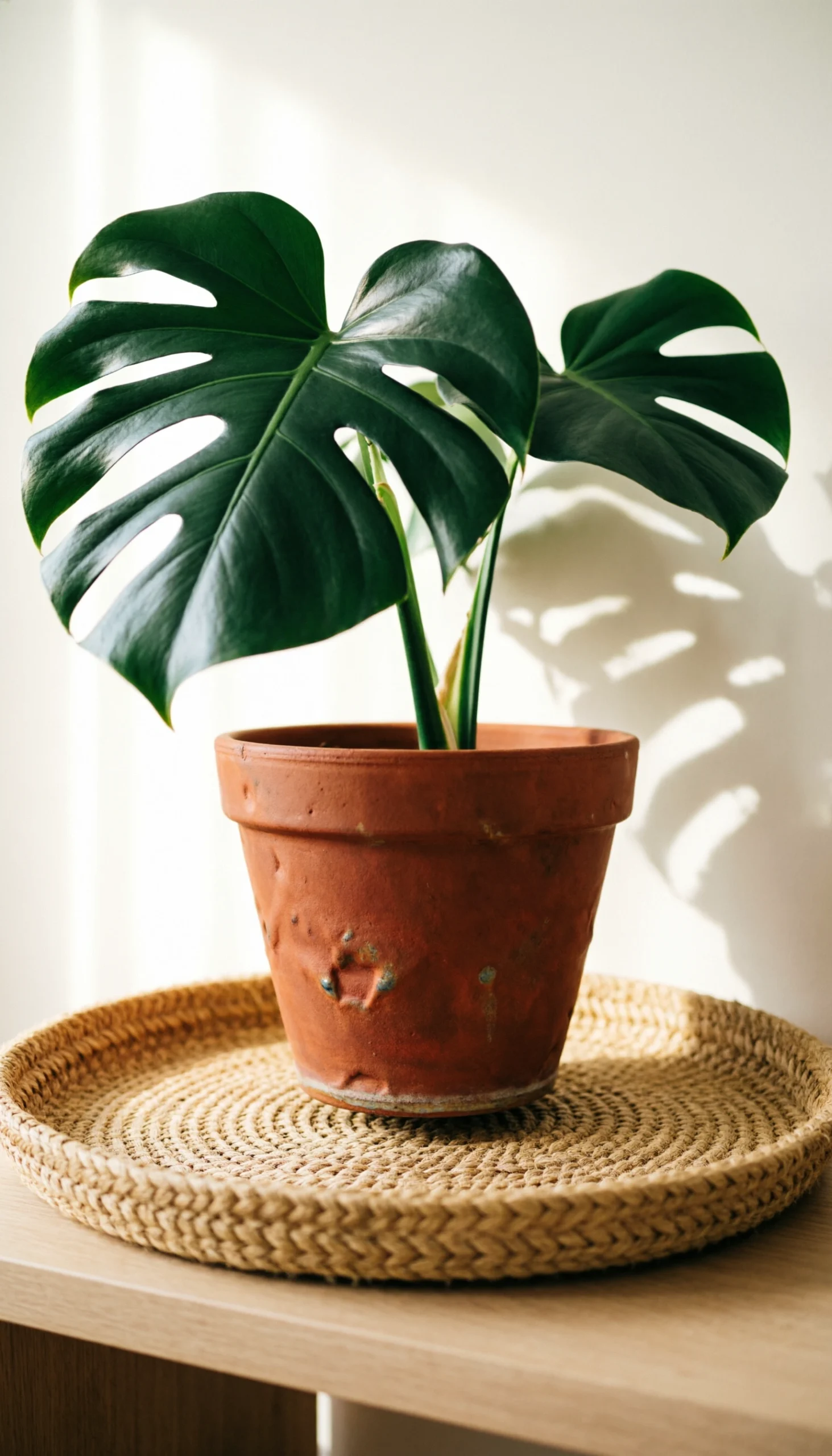 Medium round braided hyacinth tray holding terracotta pot with monstera plant on wooden console in vibrant natural setting.