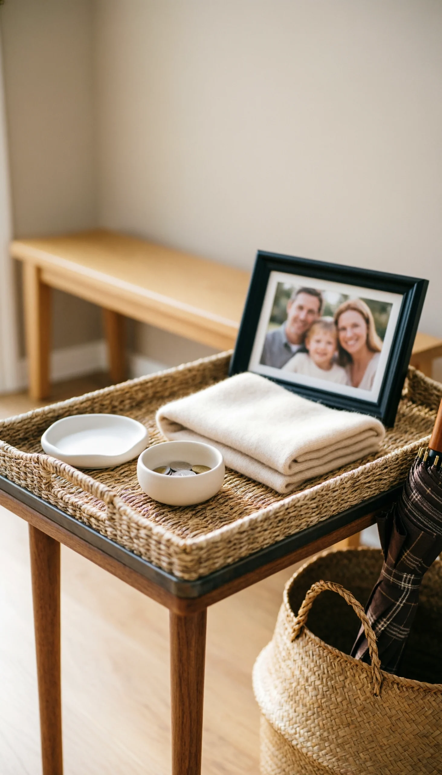 Rectangular braided hyacinth tray on entryway console table with key dish, coins, scarf, and photo for organized entryway.