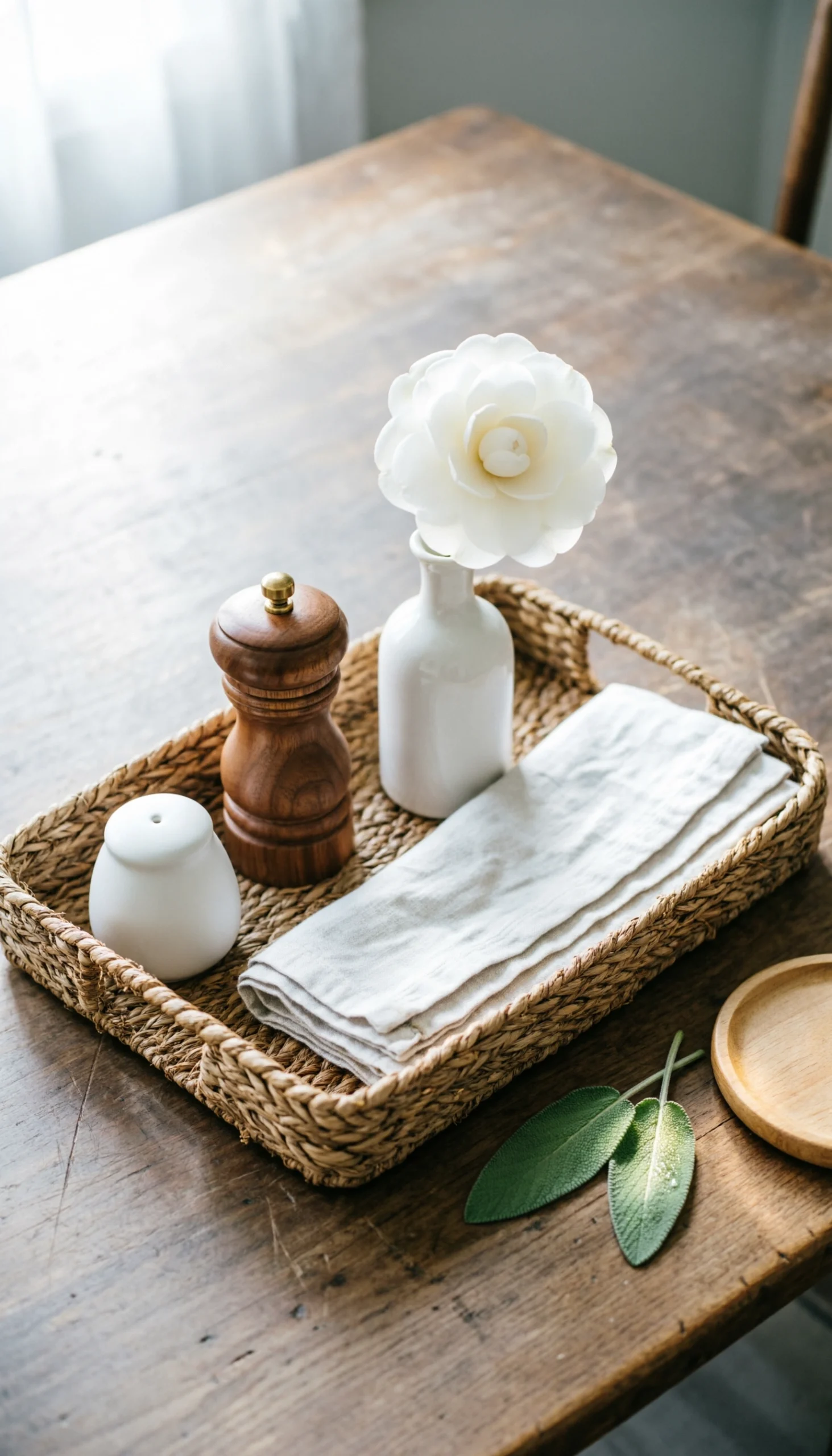 5 Simple Kitchen Table Decor Ideas For A Cozy Home 3 Rectangular woven seagrass tray holding ceramic salt cellar, wooden pepper mill, small white bloom, and linen napkins on a kitchen table.