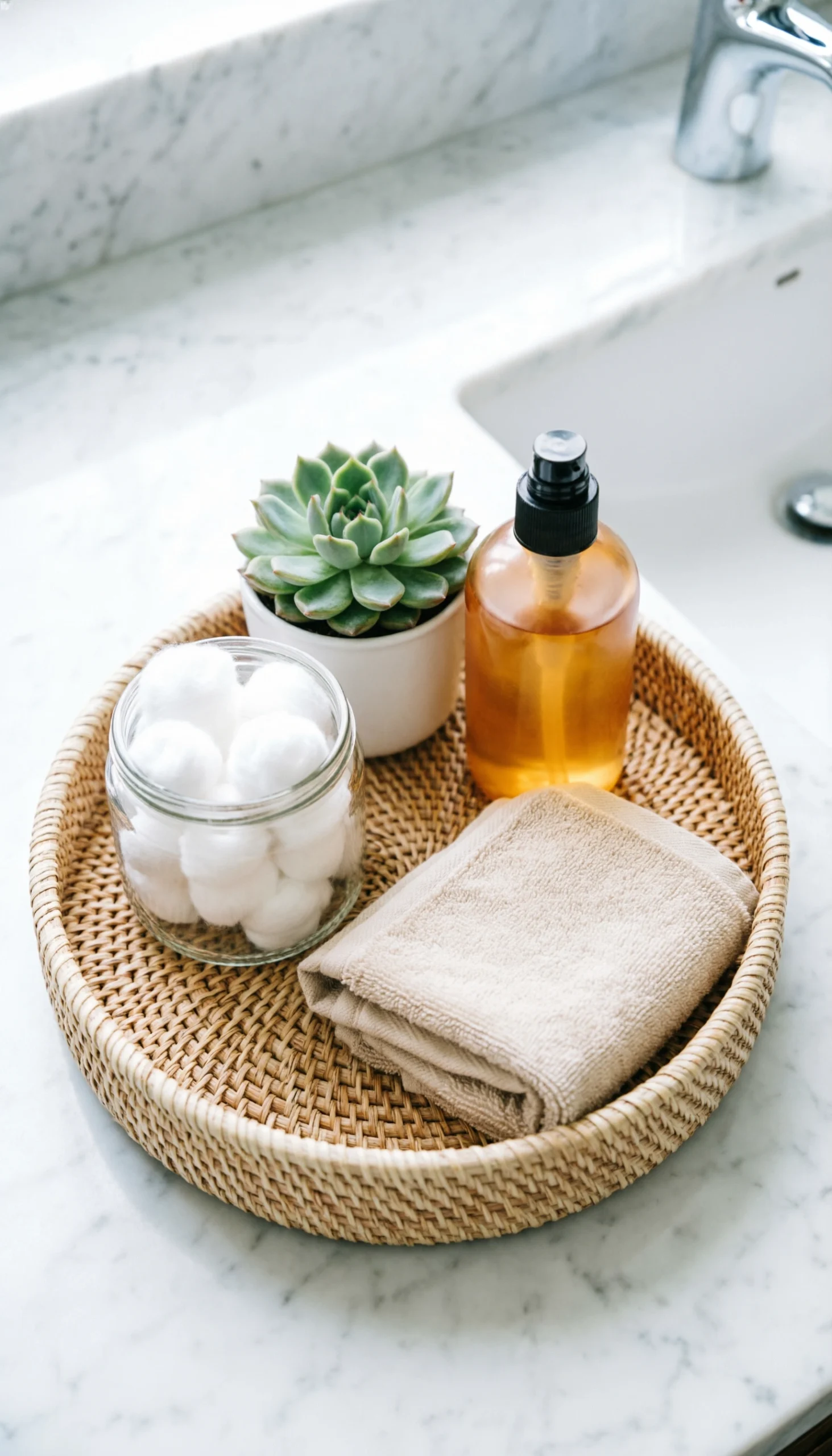 Round braided hyacinth tray on marble bathroom vanity with cotton, succulent, soap, and towel for spa-like decor.