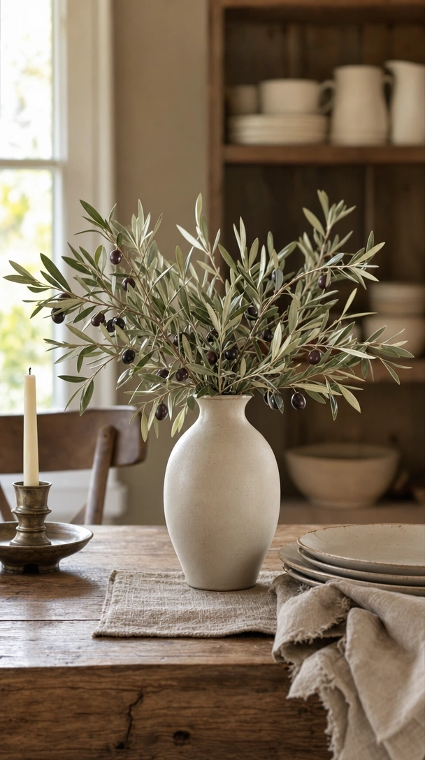 Rustic olive branch centerpiece in a cream ceramic vase on a wooden dining table, evoking cozy home decor.