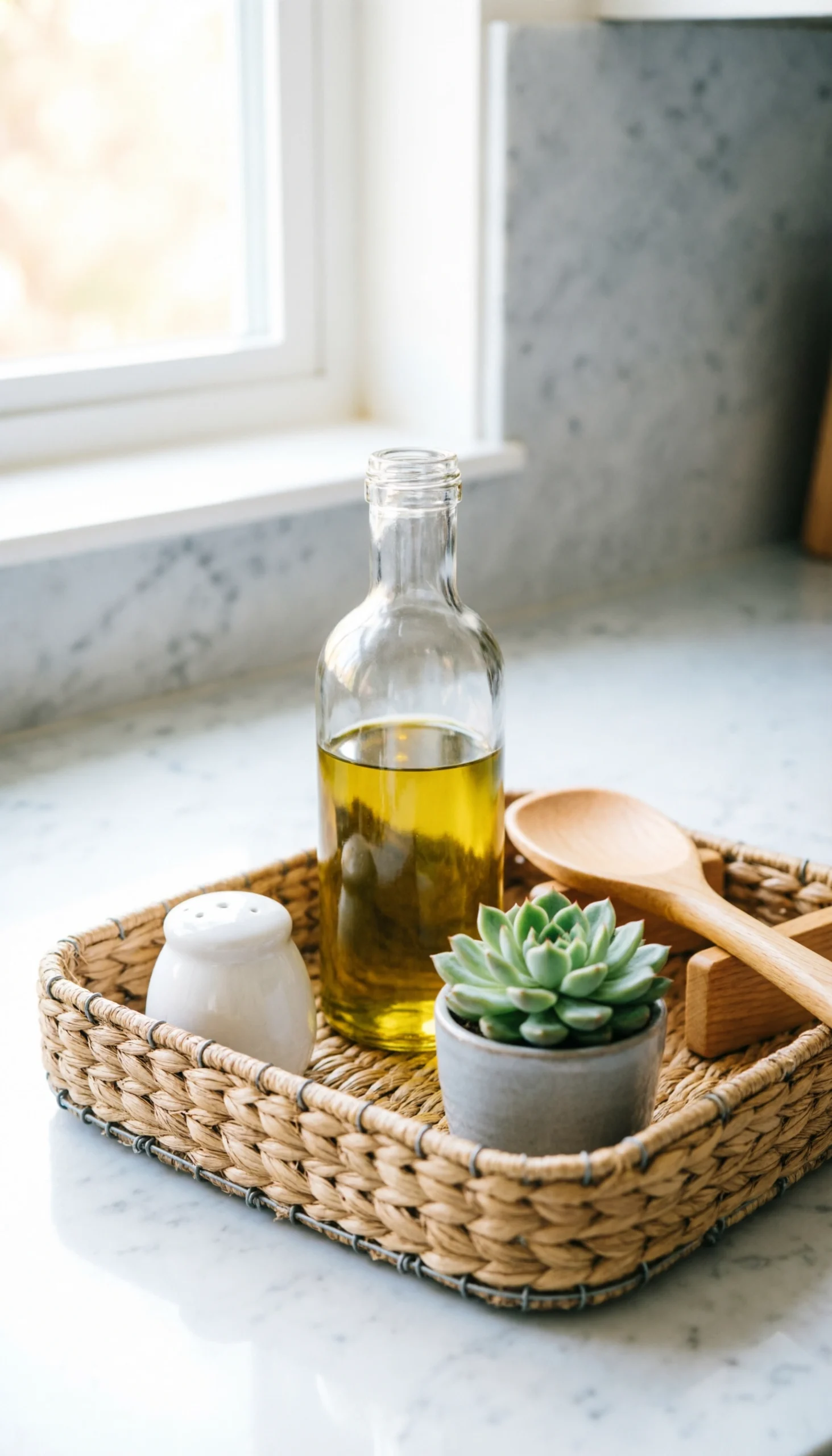 Small rectangular braided hyacinth tray on marble kitchen counter with oil dispenser, salt cellar, succulent, and wooden spoon.