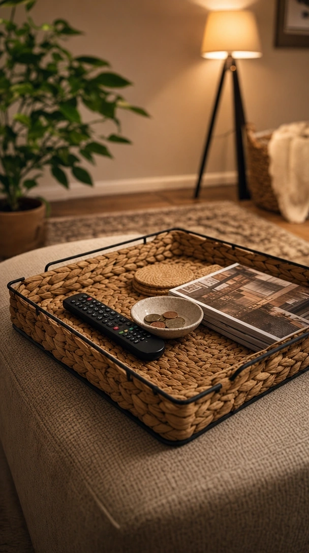Square braided hyacinth tray on fabric ottoman in living room with TV remote, decorative bowl, coaster, and magazine.