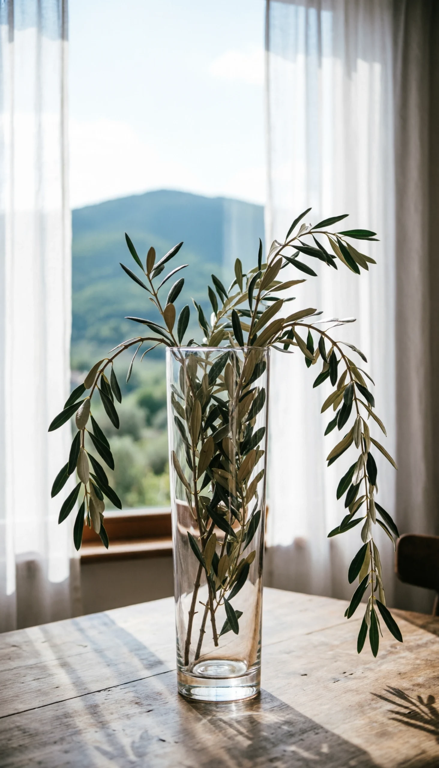 Tall clear glass vase with cascading olive branches on a rustic dining table, with a window and natural landscape in background.