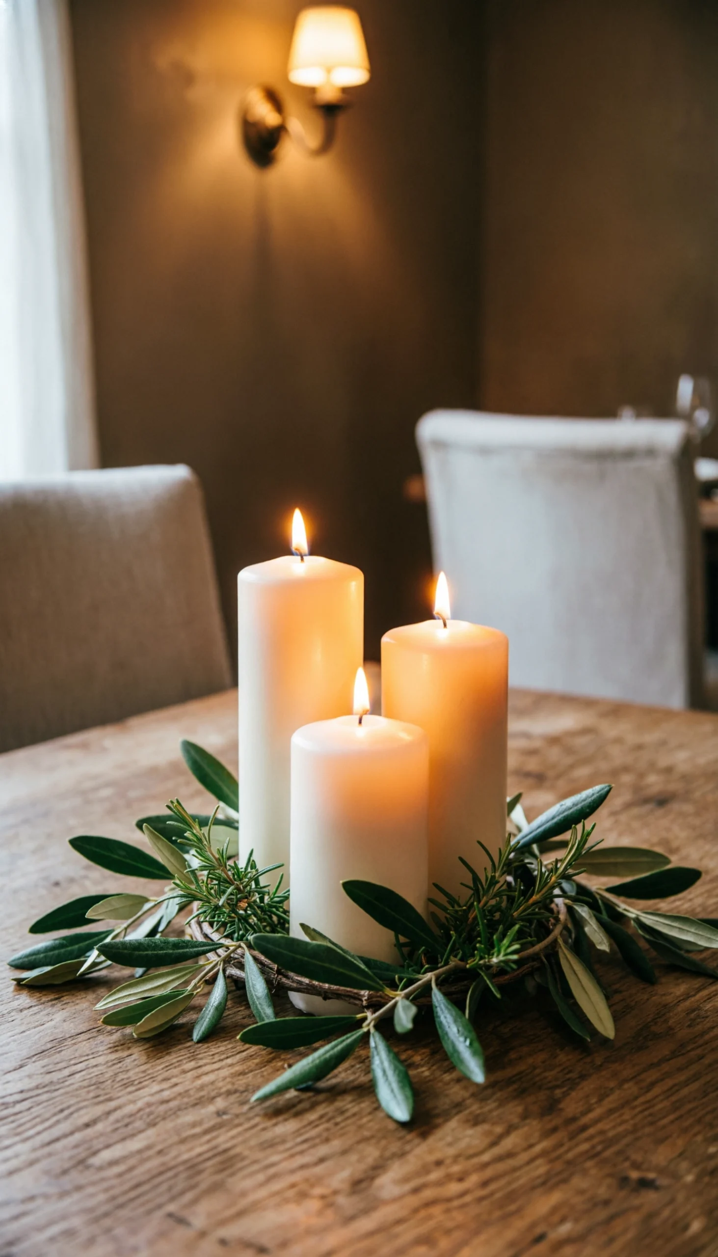 Three pillar candles with olive branches and rosemary on a rustic wooden table, creating a soft candlelit dining ambiance.