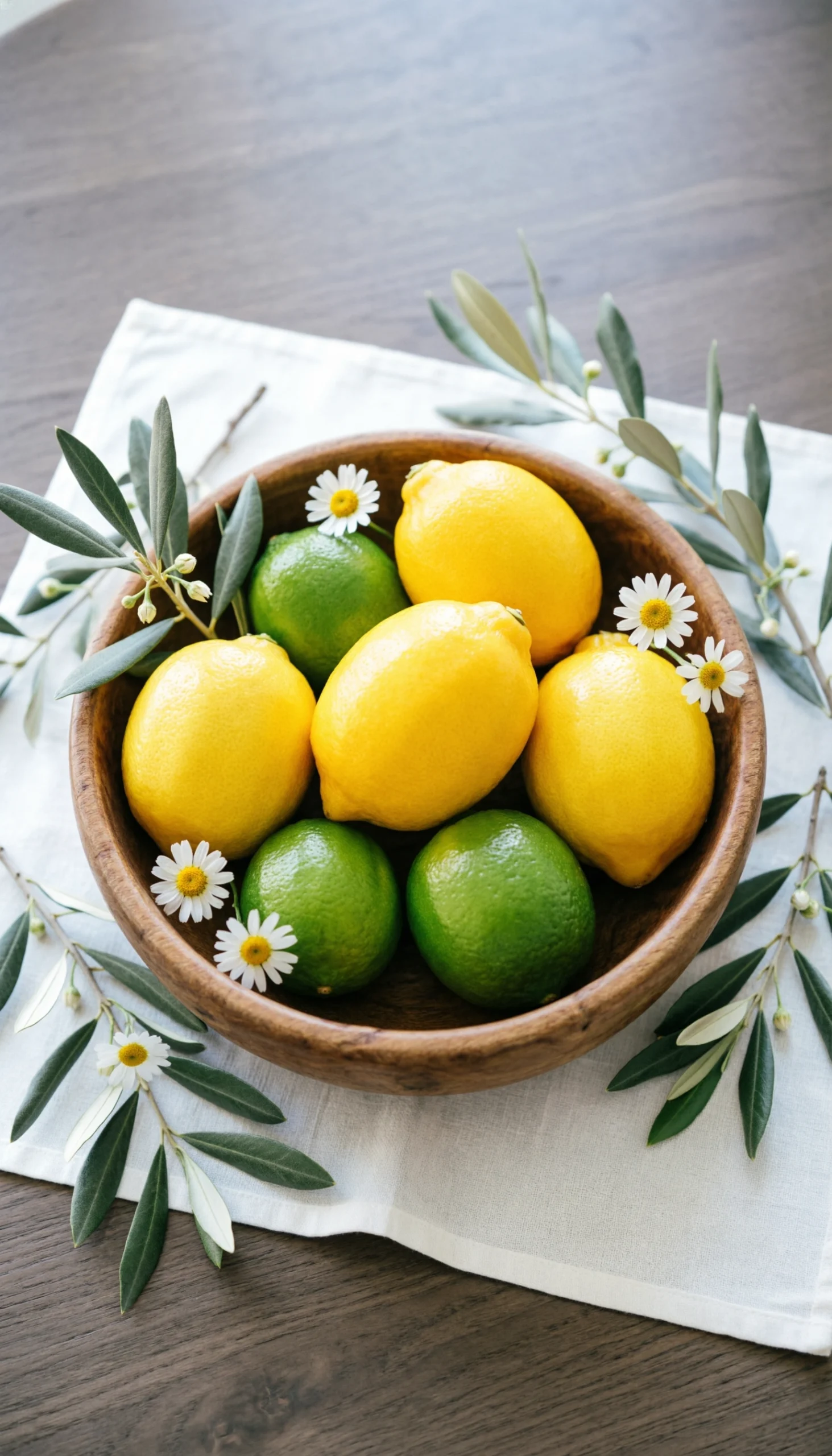 Top-down view of a wooden bowl with lemons and limes surrounded by olive branches and white flowers on a rustic table.