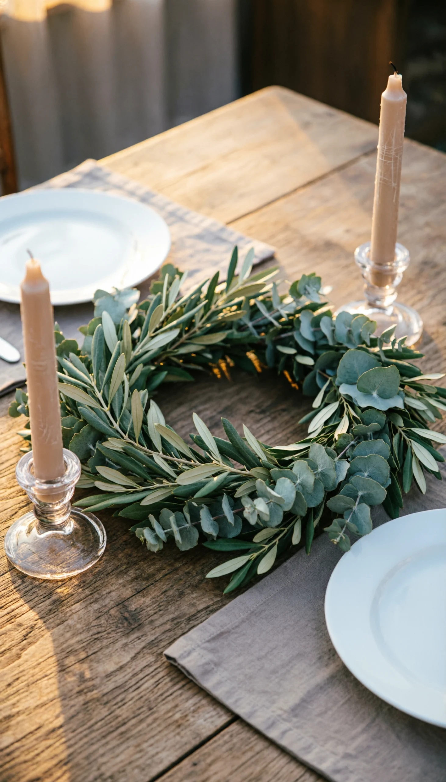 Top-down view of olive branch and eucalyptus garland runner on a rustic dining table with glass candle holders for cozy dinner party.